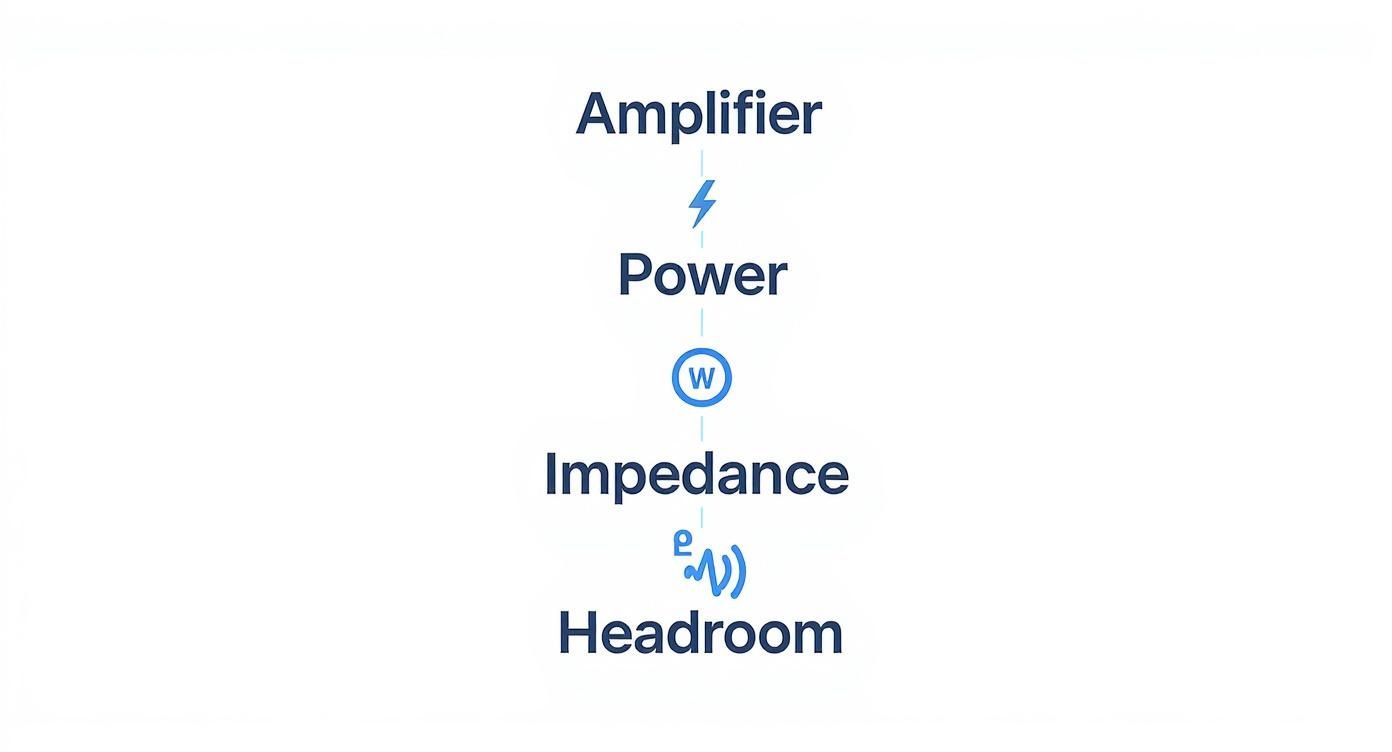 Flowchart illustrating the relationship between an amplifier, power (W), impedance, and headroom.
