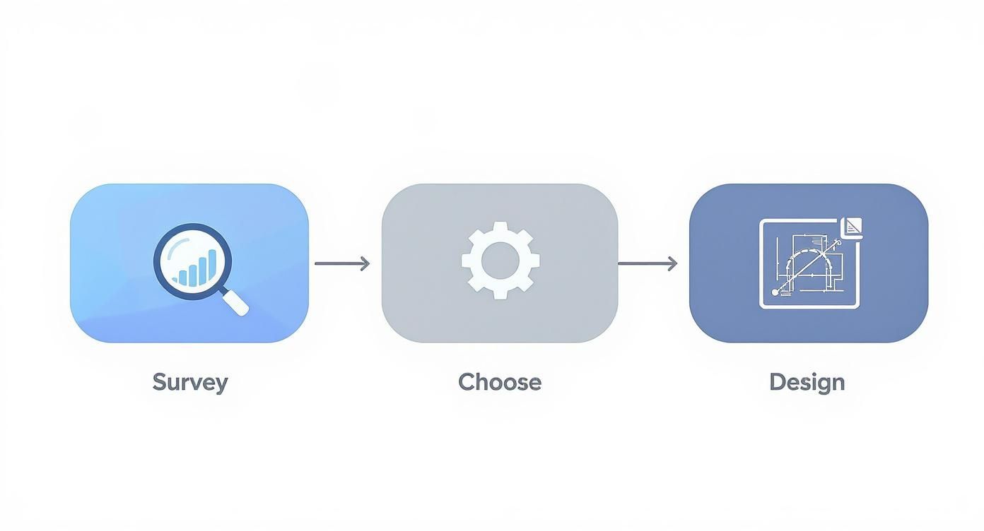Three-step process workflow showing survey analysis, choosing options, and design blueprint for installation planning