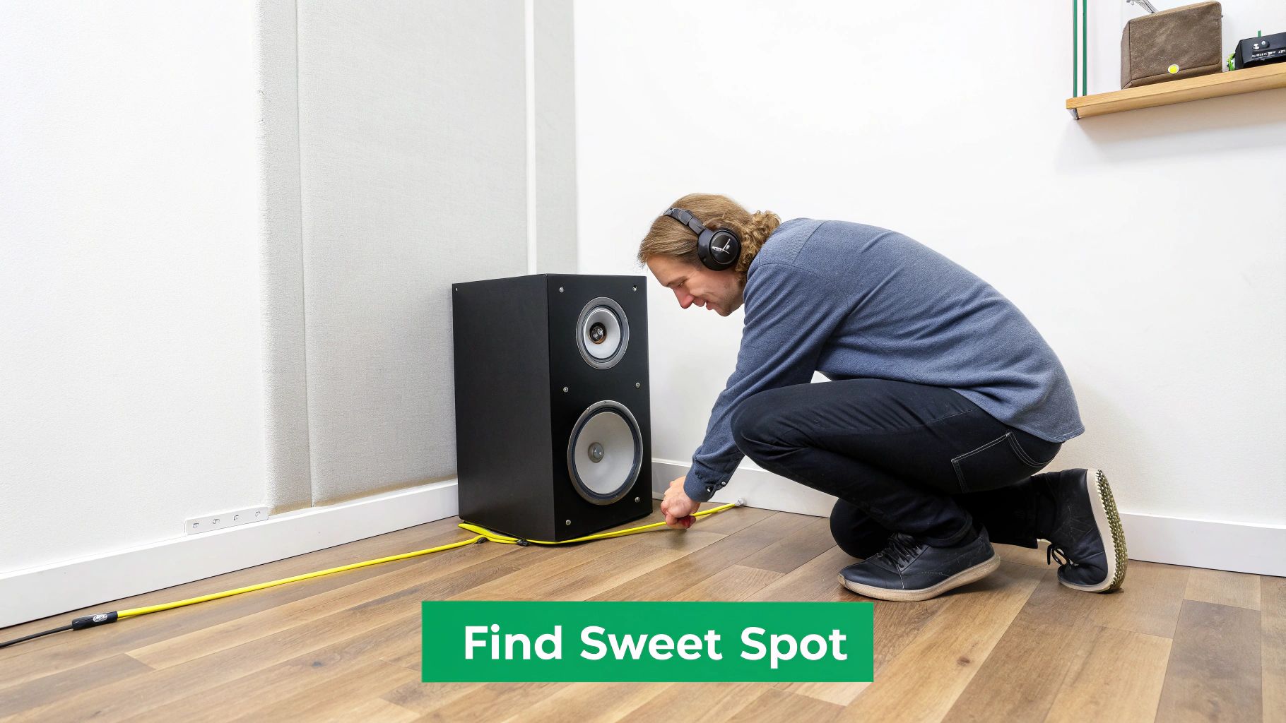 A man wearing headphones crouches, adjusting a yellow cable connected to a black passive bass speaker.