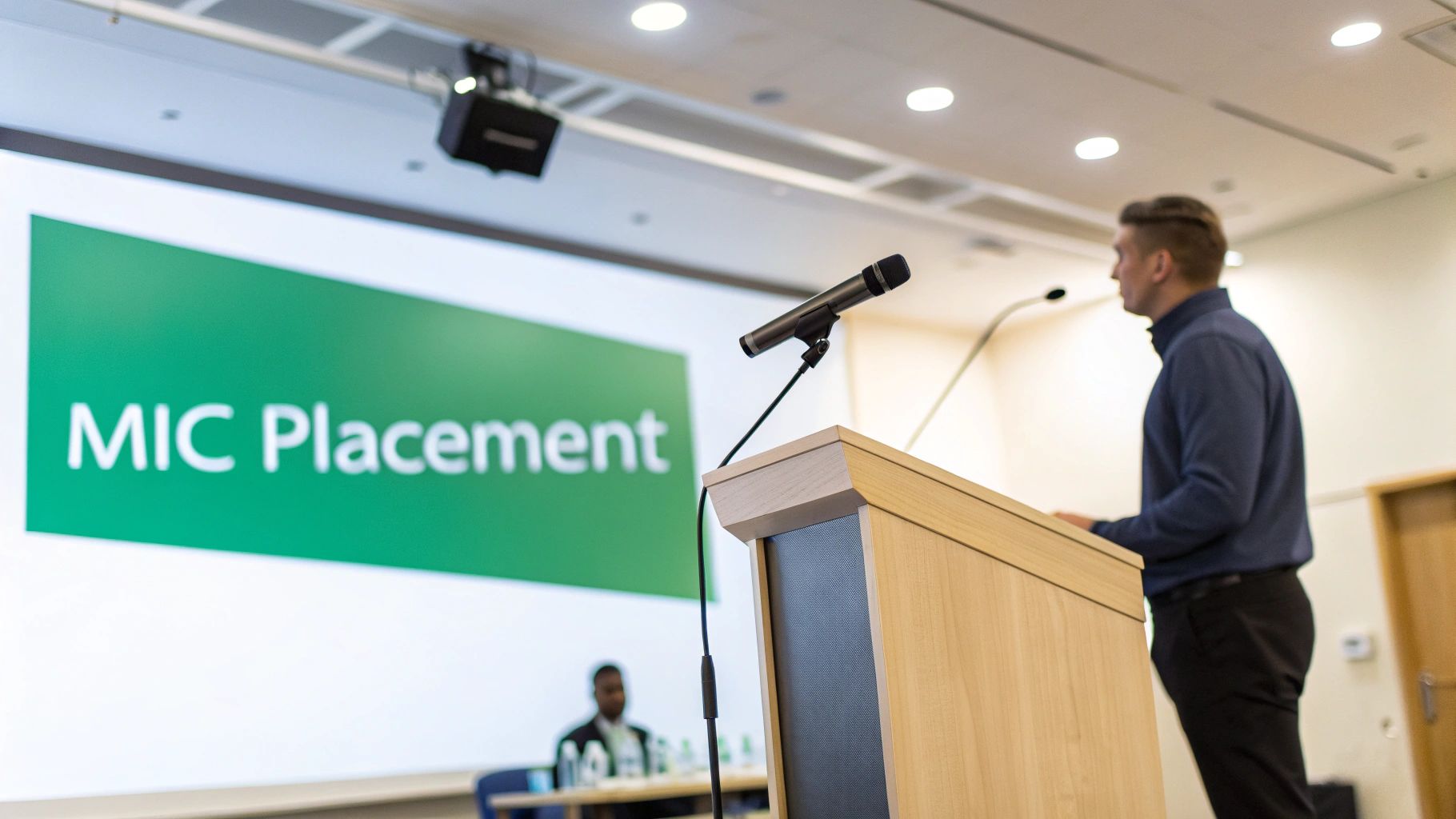A speaker presents at a podium with a microphone, facing a screen displaying 'MIC Placement' at a conference.