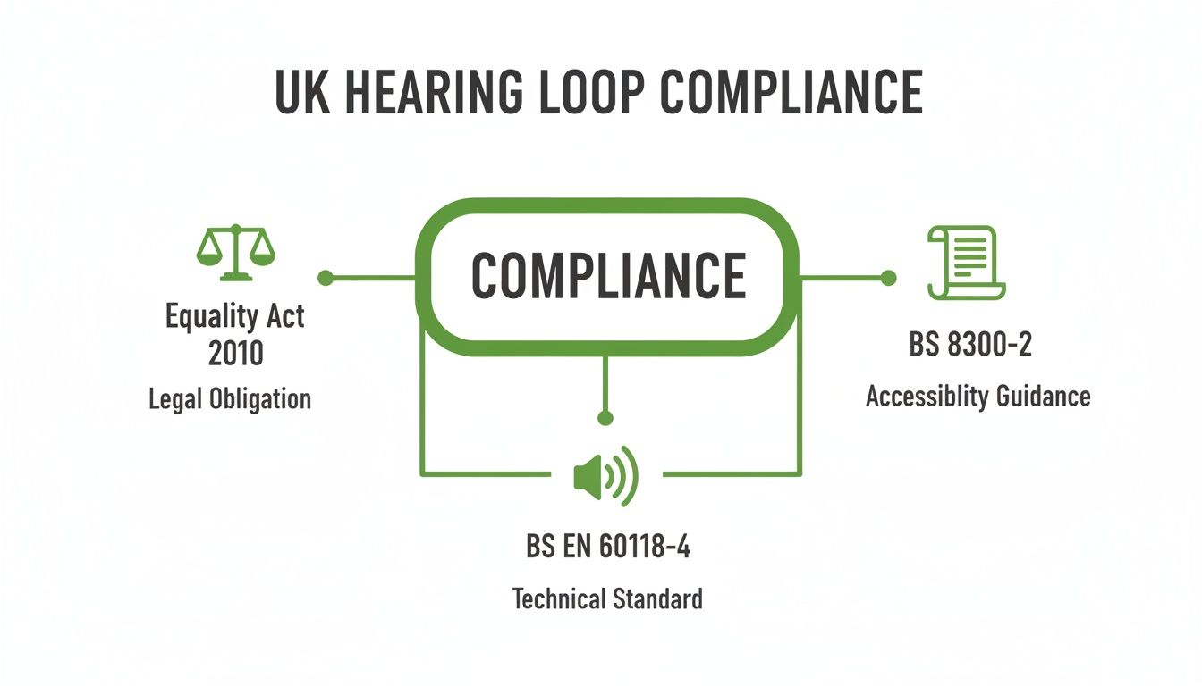 Diagram illustrating UK hearing loop compliance, referencing the Equality Act, BS 8300-2, and BS EN 60118-4.