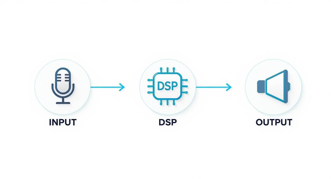 A diagram illustrating the basic audio signal chain: Input (microphone) -> DSP -> Output (speaker).
