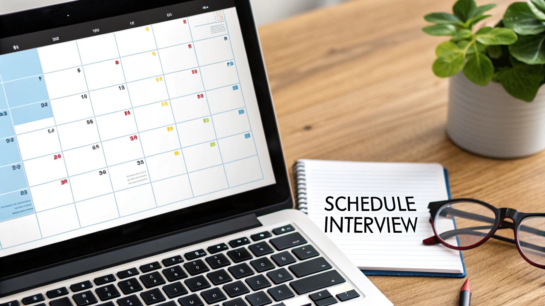 A laptop displaying a calendar next to a notebook that says 'SCHEDULE INTERVIEW' on a wooden desk.