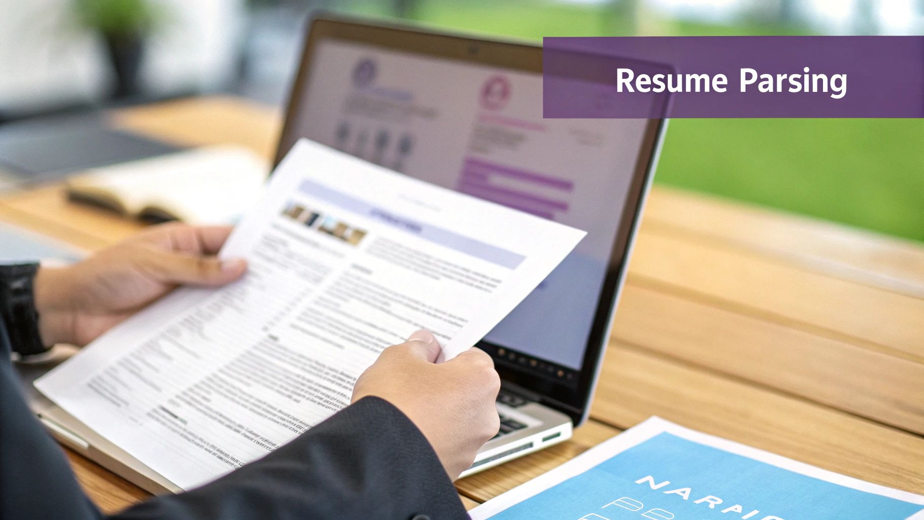 A person holds a physical resume while a laptop screen in the background shows a digital version with 'Resume Parsing' overlay.
