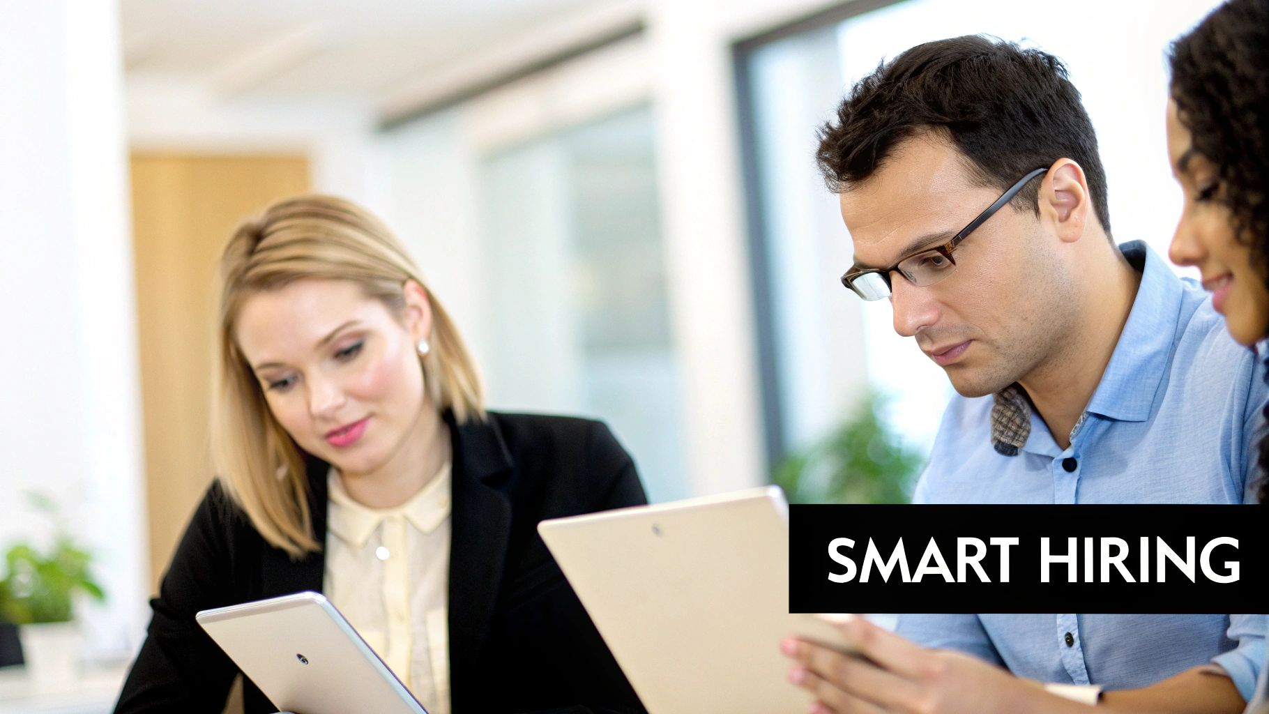 Recruiters collaborating around a computer screen showing data visualizations and candidate profiles, representing the new era of smart hiring.