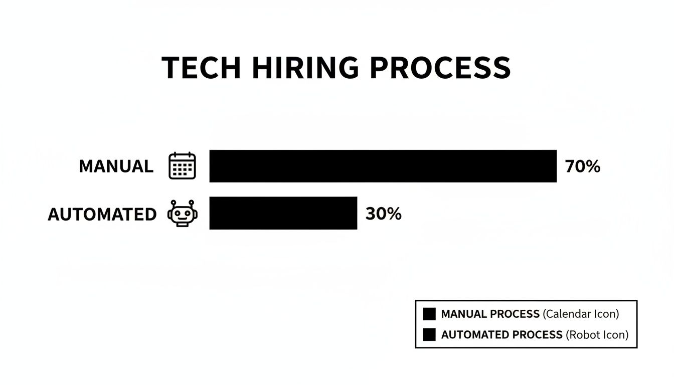 Bar chart illustrating the tech hiring process, showing 70% is manual (calendar icon) and 30% is automated (robot icon).