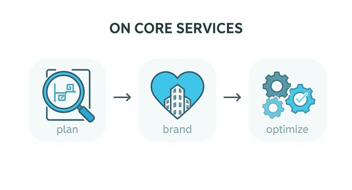 Infographic showing a three-step process for talent acquisition: Plan, Brand, and Optimize.