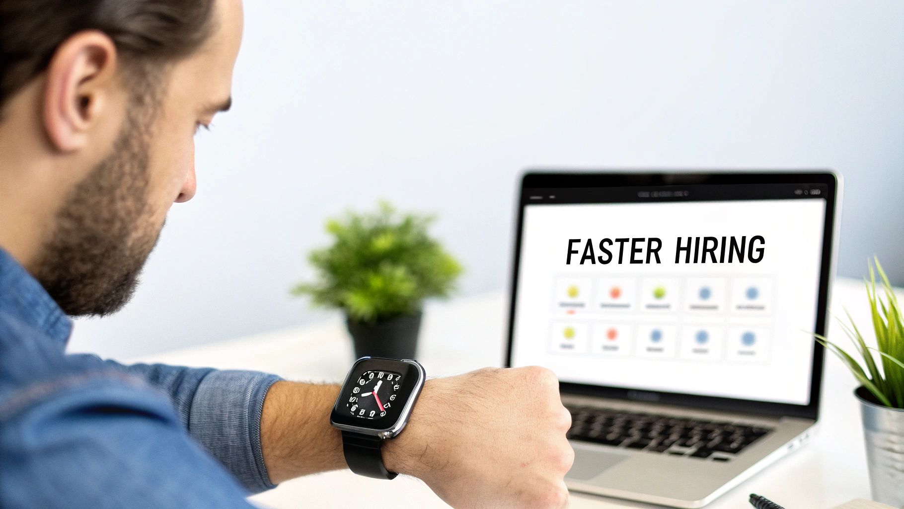 A man checks his smartwatch while a laptop screen displays 'FASTER HIRING', indicating efficient recruitment.