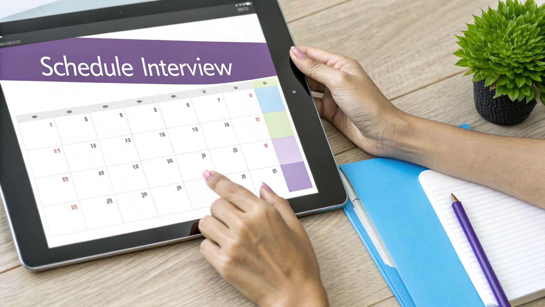A person's hands using a tablet displaying a 'Schedule Interview' calendar on a wooden desk.
