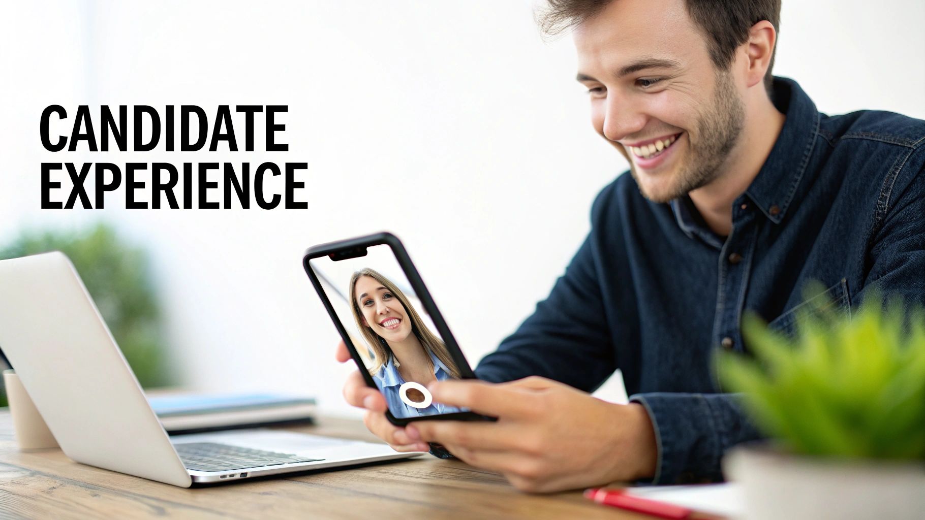 A smiling man holds a smartphone, participating in a video interview for a positive candidate experience.