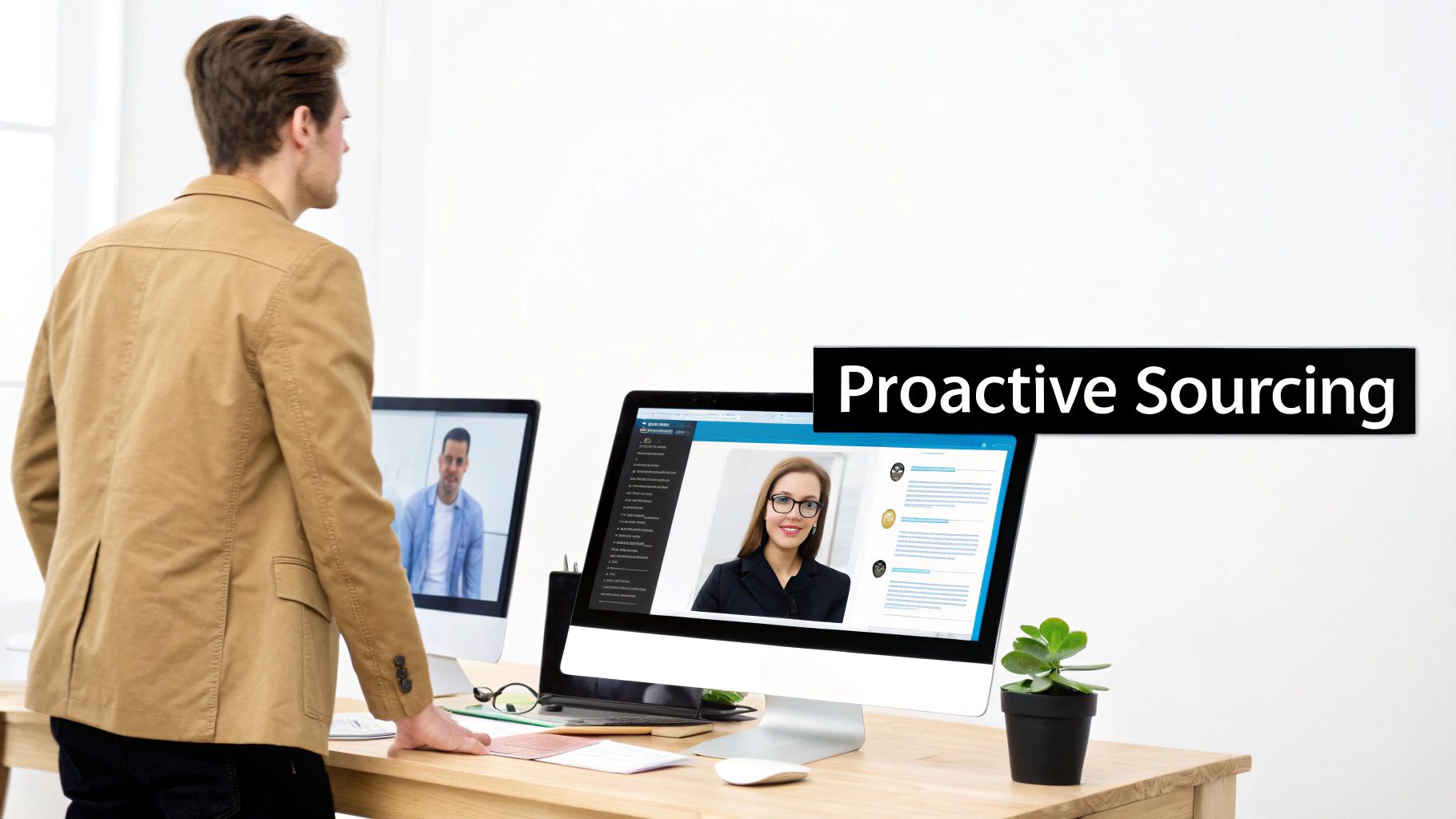 A recruiter strategically planning their sourcing on a large digital screen