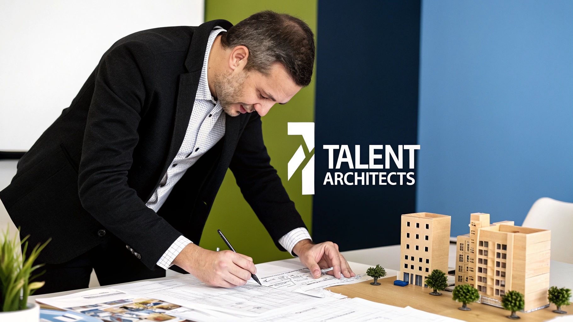 A group of professionals in a modern office, collaborating on a project, representing talent acquisition consultants at work.