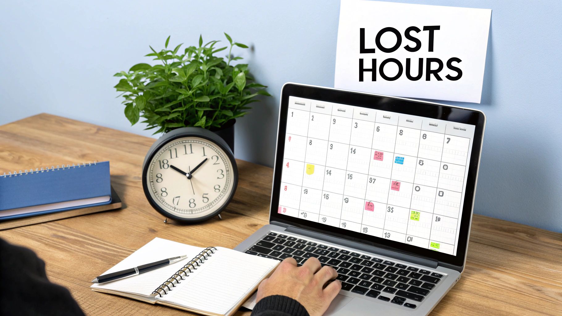 A recruiter looking stressed while looking at a computer screen and calendar, illustrating the pain of manual interview scheduling.