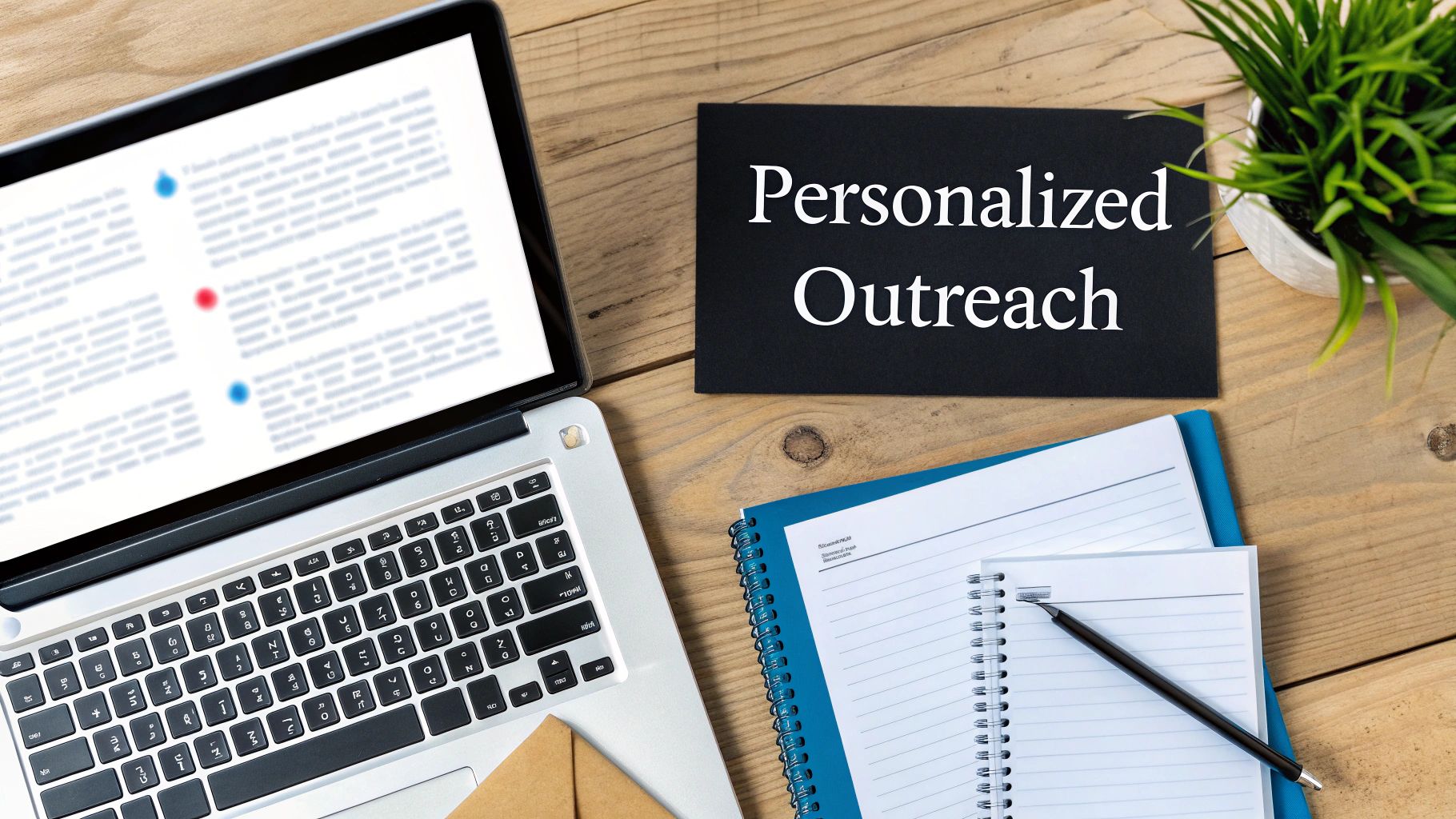A flat lay of a laptop, notebooks, and a card reading 'Personalized Outreach' on a wooden desk.