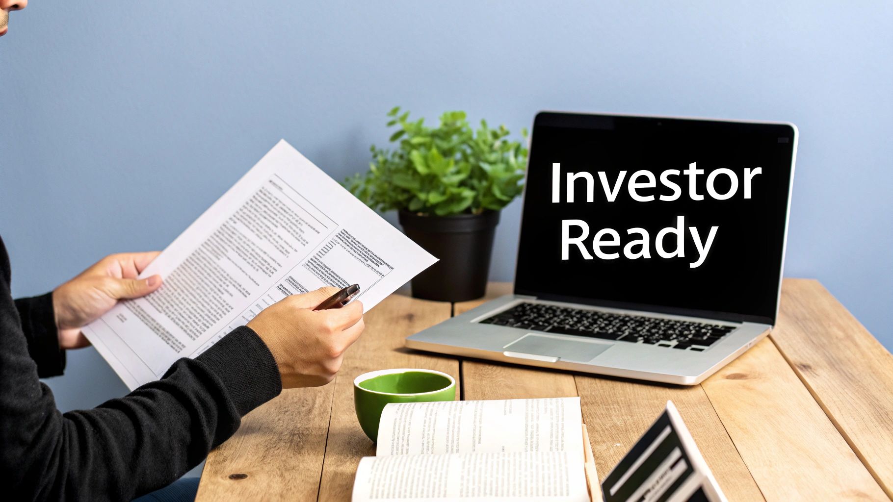 A person working on a laptop at a modern desk, symbolizing the foundational work of preparing for fundraising.