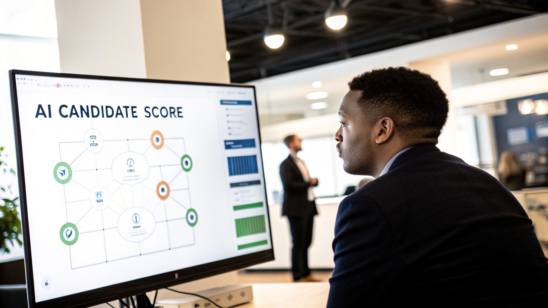 A man views a computer screen displaying an AI Candidate Score and a candidate evaluation diagram.