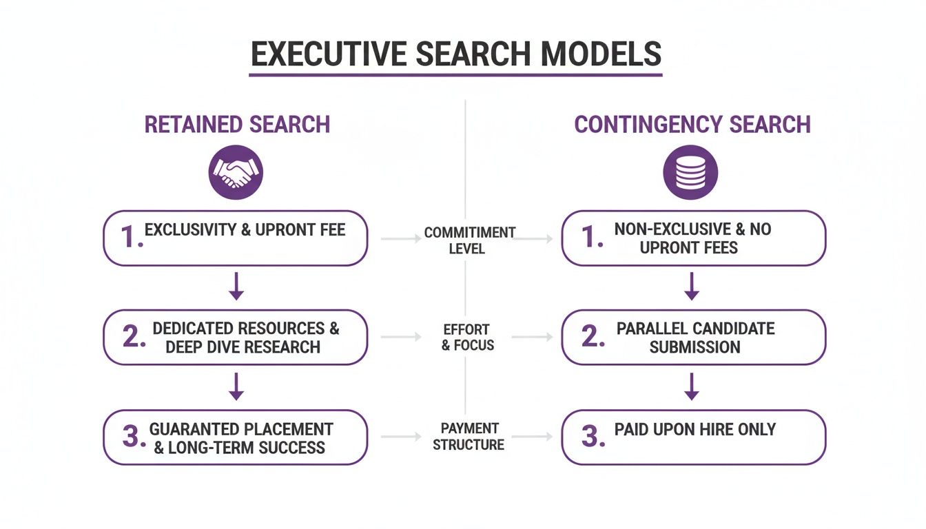 Flowchart comparing Retained and Contingency Executive Search Models, detailing their features and differences.