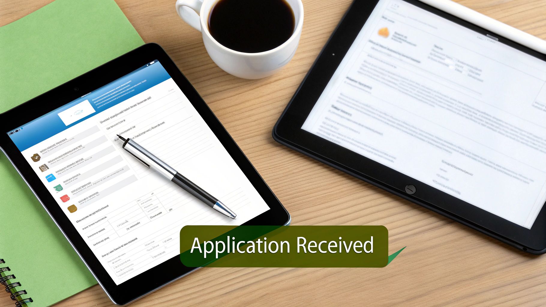 Overhead shot of two tablets, a coffee cup, and a green notebook on a wooden desk with an "Application Received" banner.