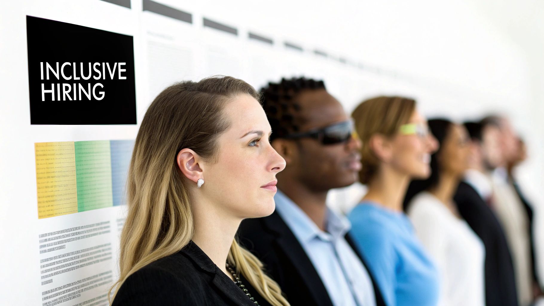 Diverse job applicants stand in line with an 'Inclusive Hiring' sign visible on the left.
