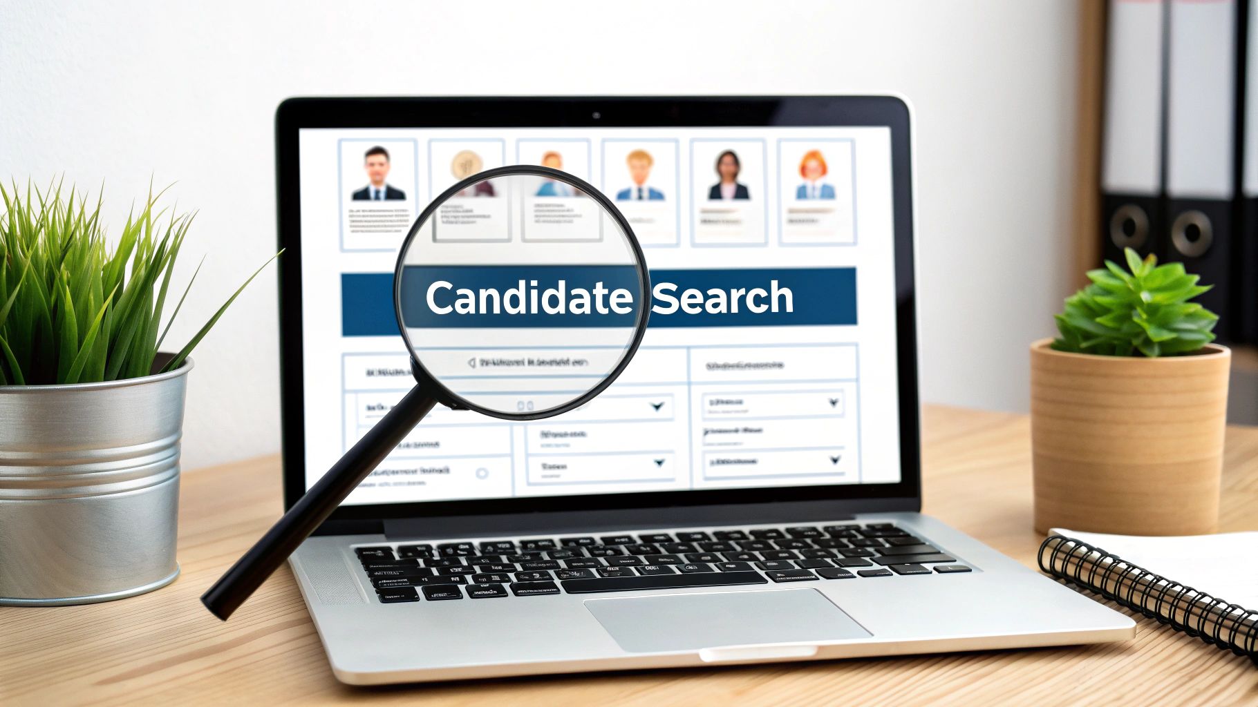 Magnifying glass over a laptop screen displaying a 'Candidate Search' page with candidate profiles.