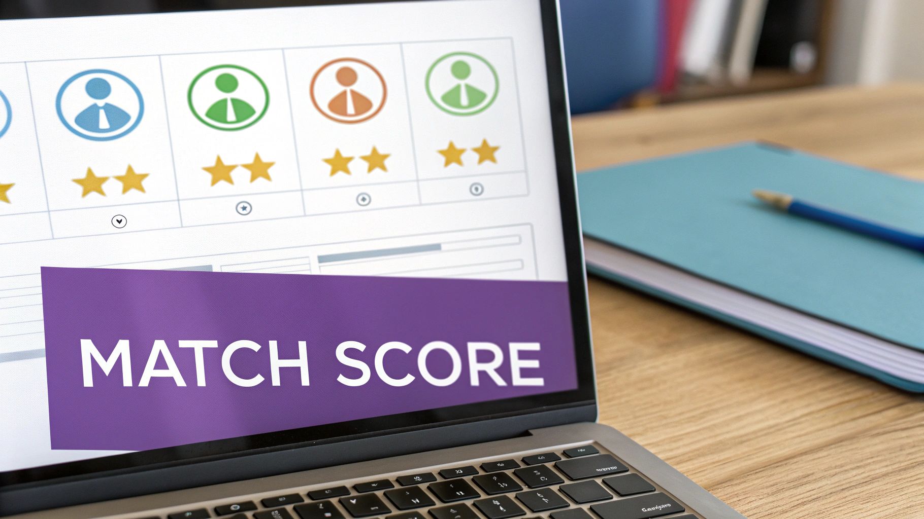 A laptop screen displays a 'MATCH SCORE' banner above a grid of applicant profiles and star ratings.