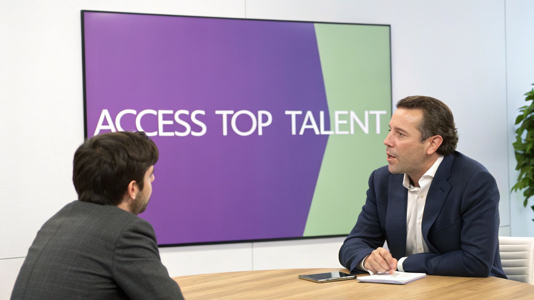 Two professionals in a modern office, one speaking, with 'ACCESS TOP TALENT' displayed on a large screen.
