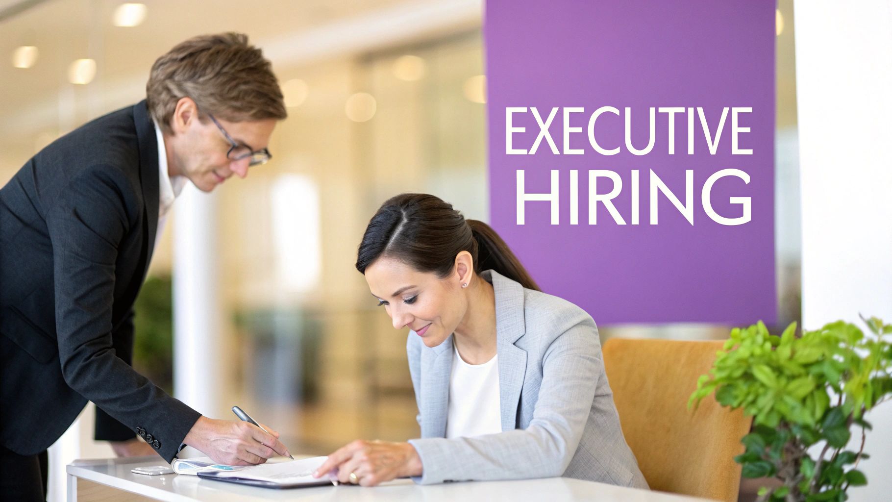 Two business professionals signing documents at a desk, with an 'Executive Hiring' sign behind them.