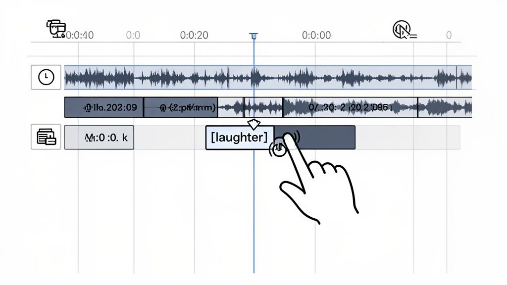 A hand cursor interacts with a digital audio editing timeline, selecting a '[laughter]' segment.