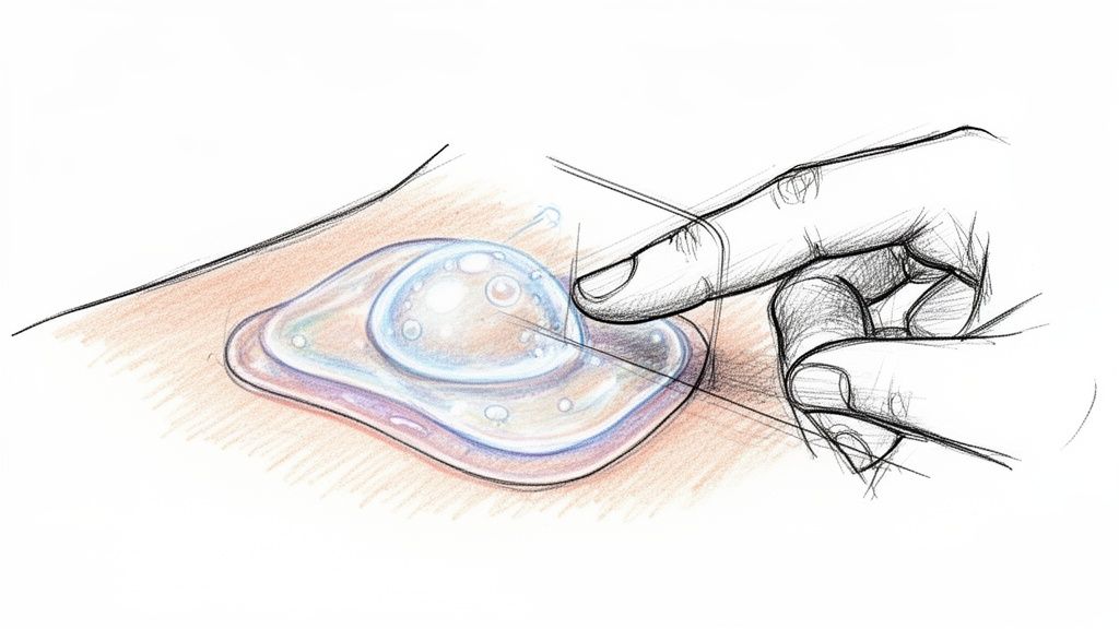 Illustration shows a finger pressing a clear, bubble-filled patch onto skin, demonstrating absorption or application.