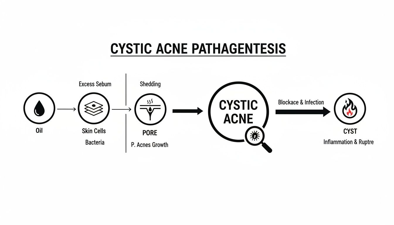 Flowchart illustrating the pathogenesis of cystic acne, detailing steps from oil to cyst formation.