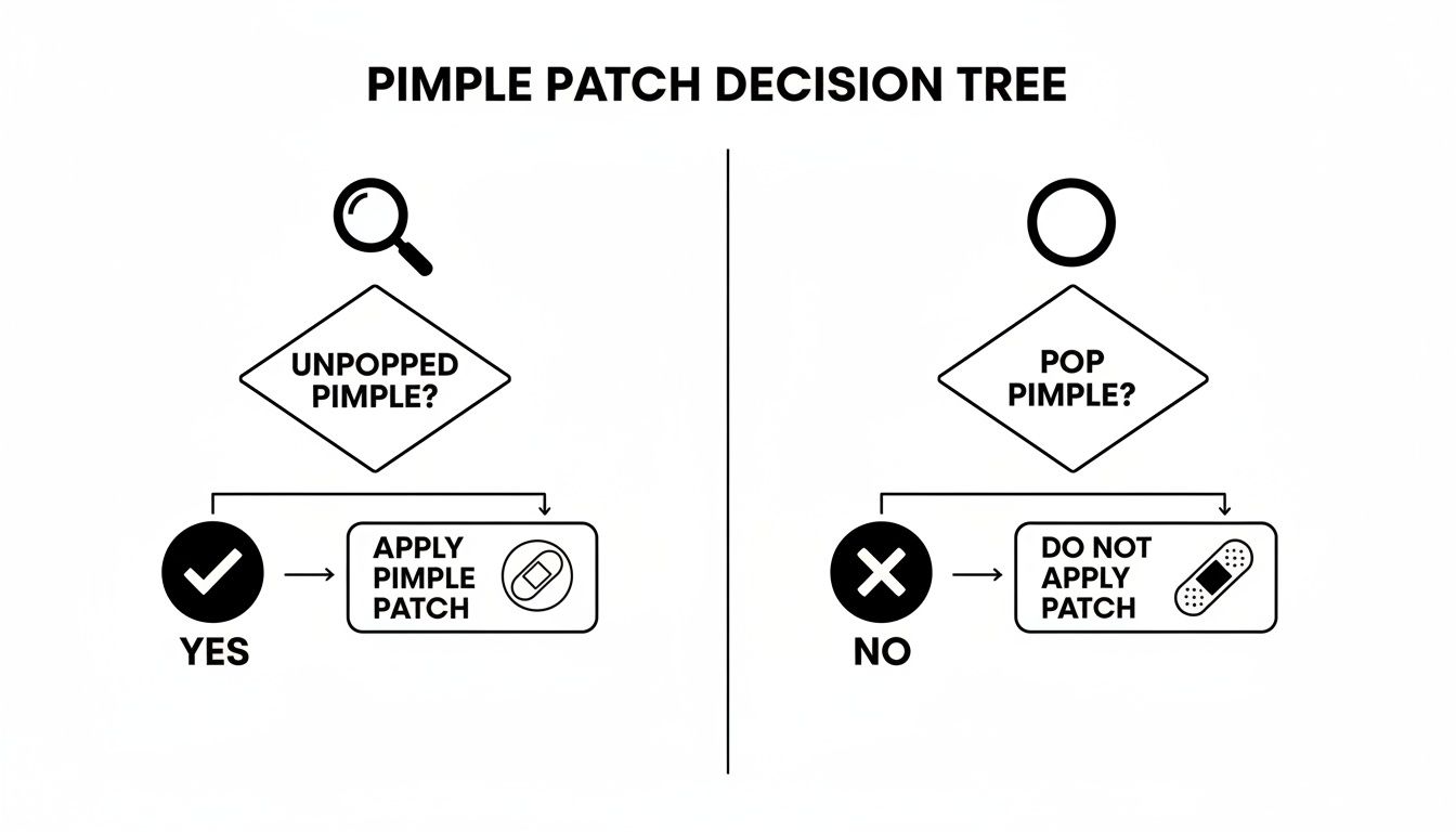 A pimple patch decision tree chart showing to apply patches for unpopped pimples, but not for popped or already-popped areas.