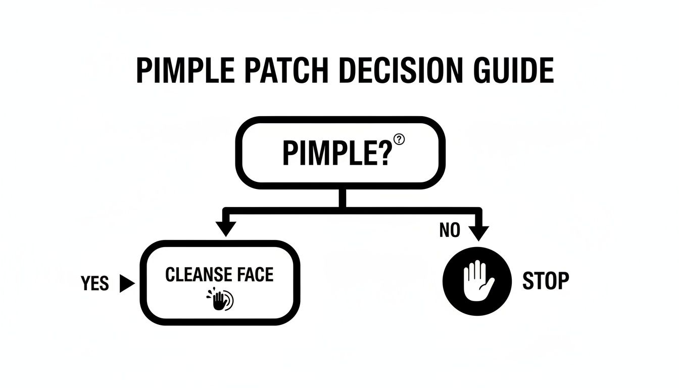 Flowchart for pimple patch use: check for pimple, then cleanse face if yes, or stop if no.