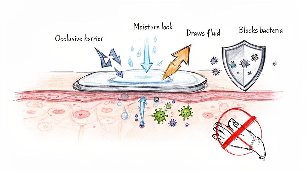 Diagram illustrating a pimple patch's functions: occlusive barrier, moisture lock, fluid absorption, and bacterial blocking.