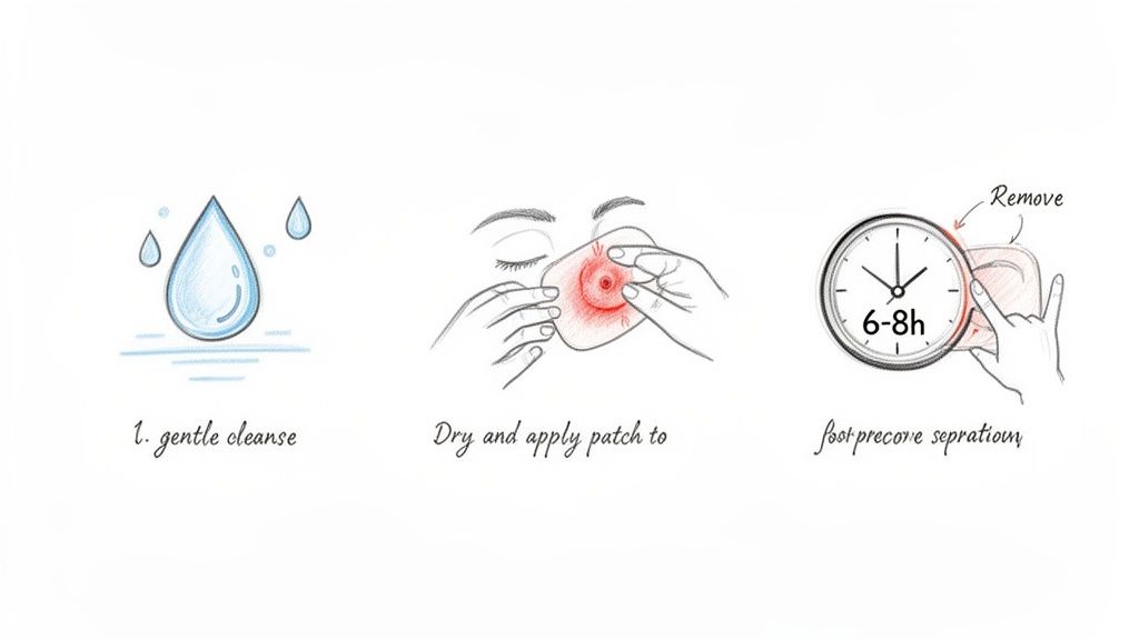Instructions for using a patch, showing steps for gentle cleanse, application, and removal after 6-8 hours.