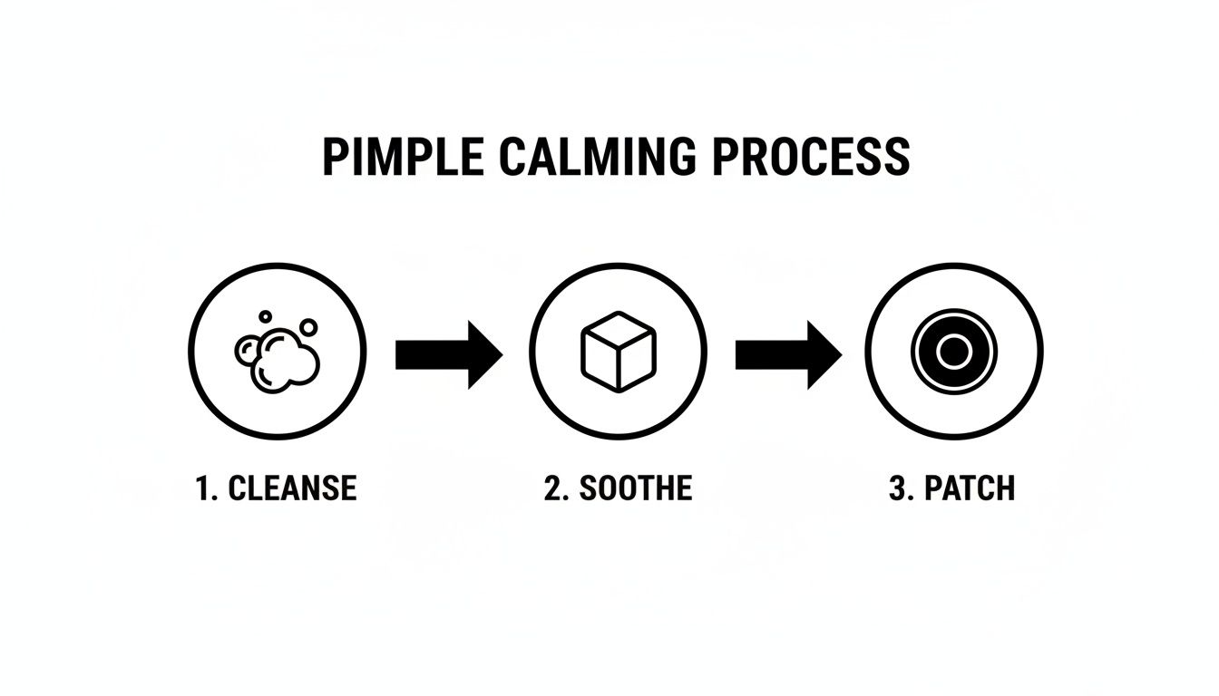 Infographic detailing a 3-step pimple calming process: cleanse, soothe, and patch with icons.