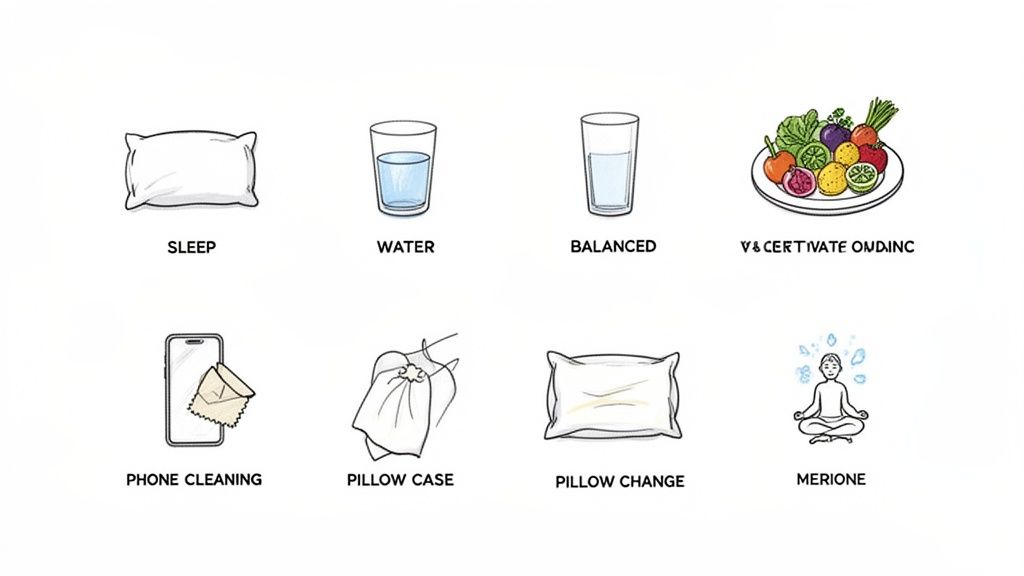 Eight icons illustrating healthy habits including sleep, water, balanced diet, hygiene, and meditation.