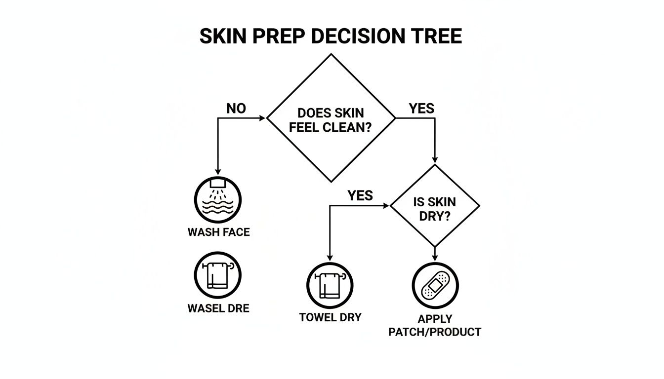 A skin prep decision tree flowchart illustrating steps like washing, drying, and applying products.