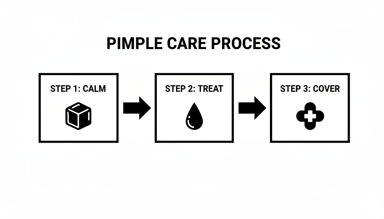 A three-step graphic illustrating the pimple care process: Calm (ice), Treat (serum), Cover (patch).