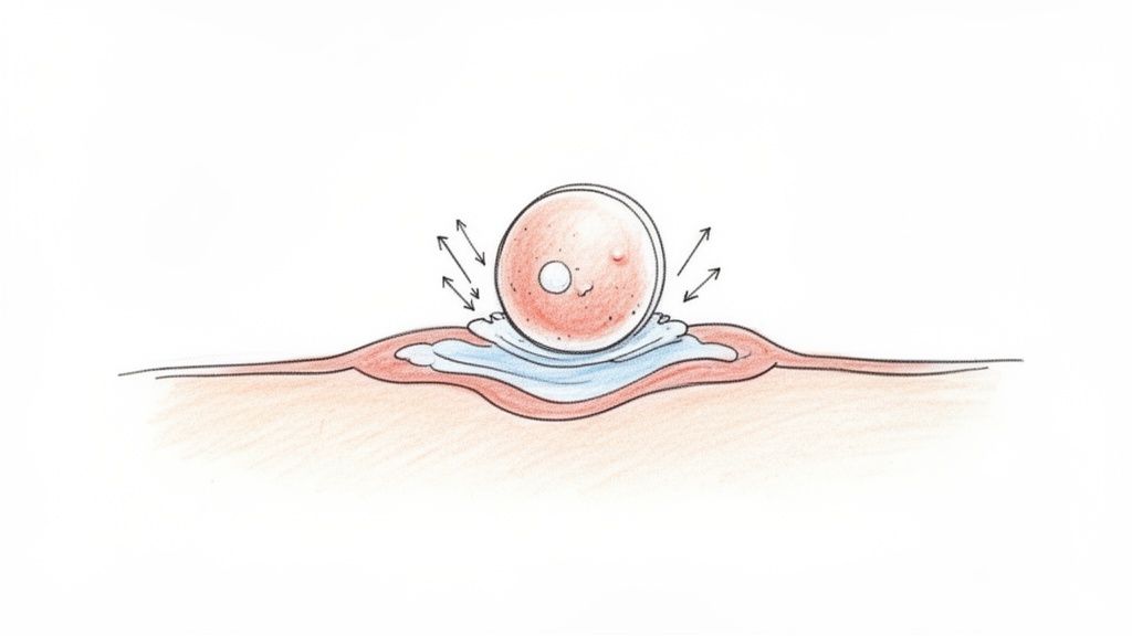 An illustration of a round pimple patch applied to skin, absorbing fluid from a breakout.