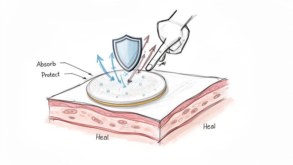 An illustration of a skin patch on a blemish, showing absorption, protection, and healing.