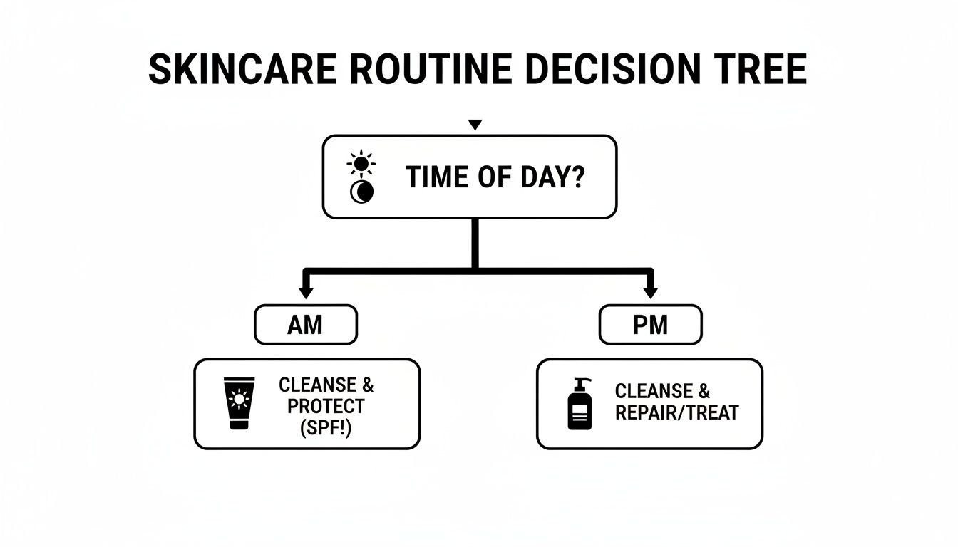 A skincare routine decision tree guiding morning (cleanse, protect SPF) and night (cleanse, repair, treat) steps.