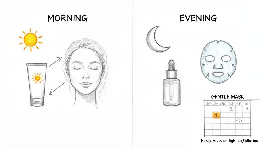 Skincare routine diagram showing morning sunscreen application and evening serum, mask, and weekly exfoliation.