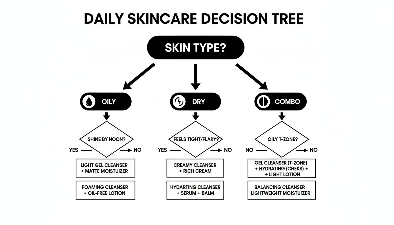 Decision tree flowchart for daily skincare routines based on skin type and specific concerns like shine or tightness.