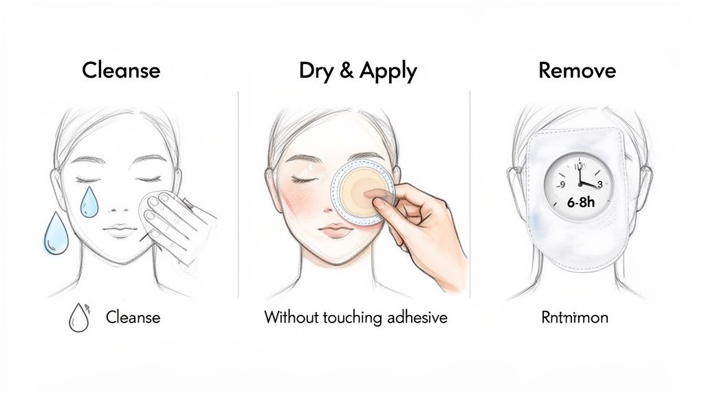 Three steps for using hydrocolloid pimple patches: cleanse face, apply patch, and remove after 6-8 hours.