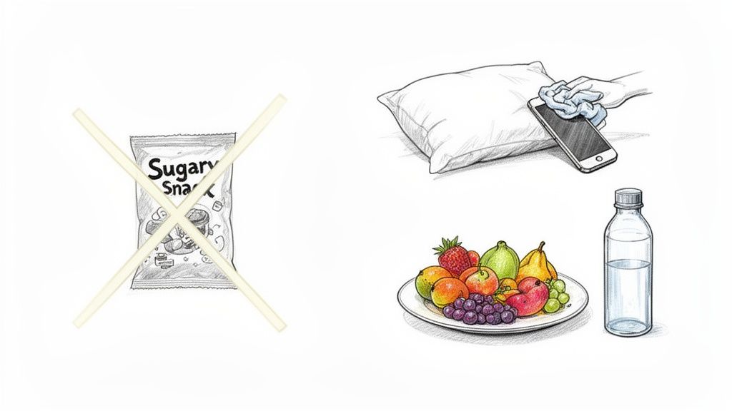 An illustration showing healthy habits: avoiding sugary snacks, cleaning a smartphone, eating fruits, and drinking water.
