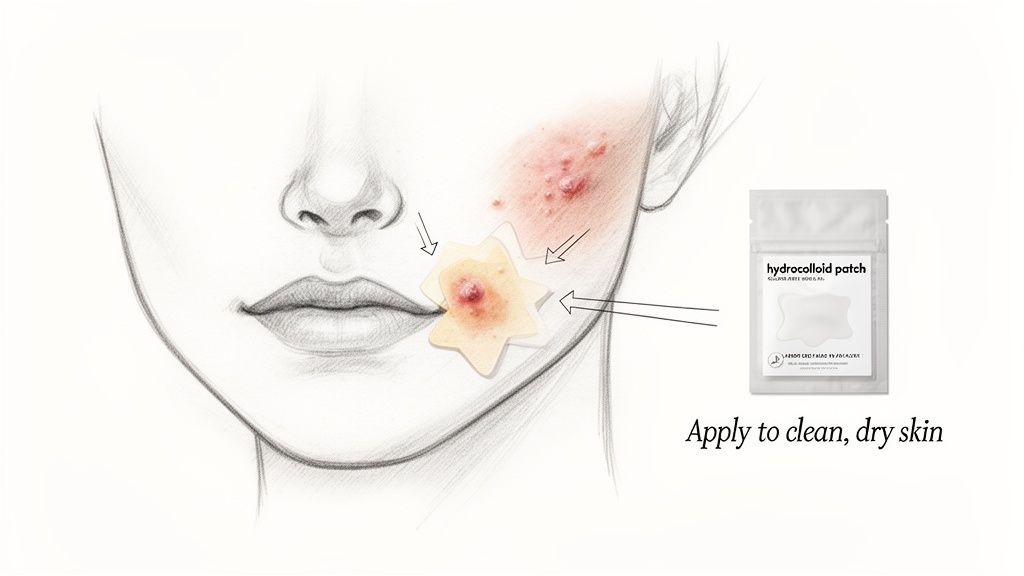 Diagram of a face with acne, showing a hydrocolloid patch being applied to a pimple.