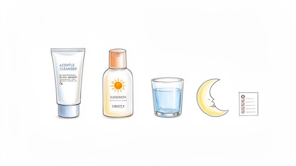 Illustration of daily skincare essentials: cleanser, sunscreen, water, moon, and a checklist.