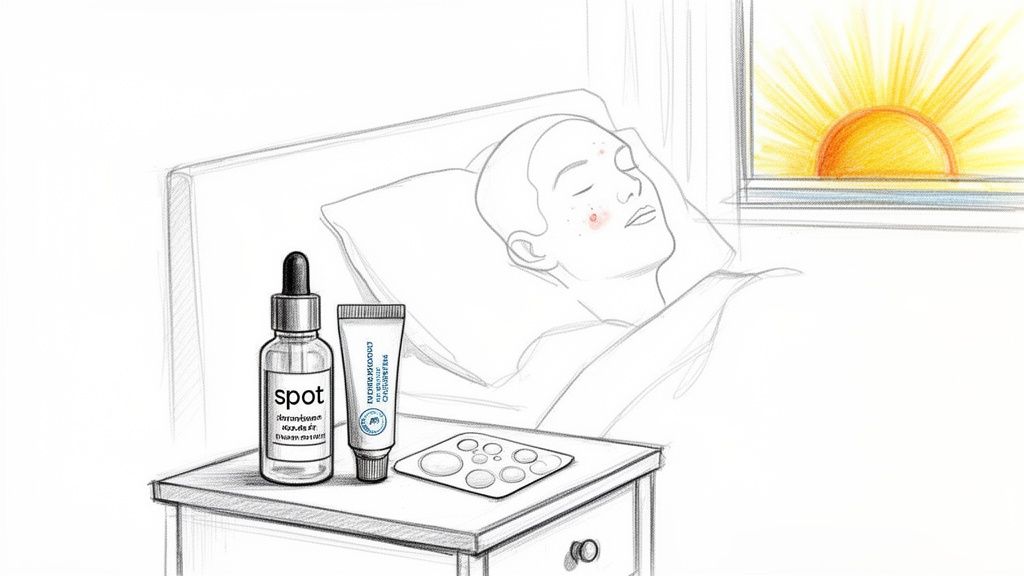 A person sleeps with acne, and various acne products are on a bedside table at sunrise.
