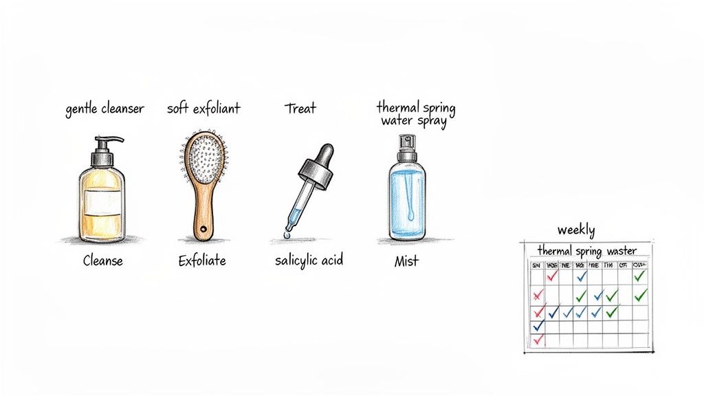 Illustrated steps for a skincare routine including cleanser, exfoliant, salicylic acid, and thermal spring water spray.