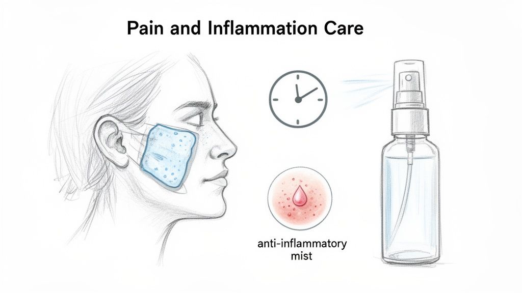 Illustration of pain and inflammation care showing cold therapy on a face and an anti-inflammatory mist spray bottle.